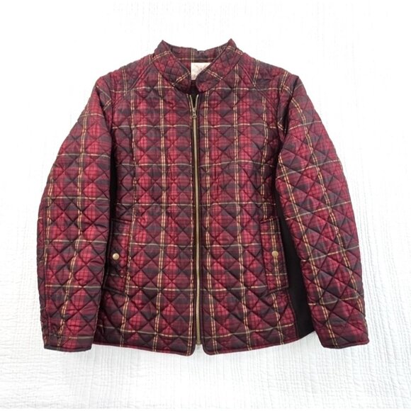 Women's Full Zip Puffer Jacket 3X (22W-24W) Maroon Plaid EUC Snap Pockets LS - Picture 1 of 14